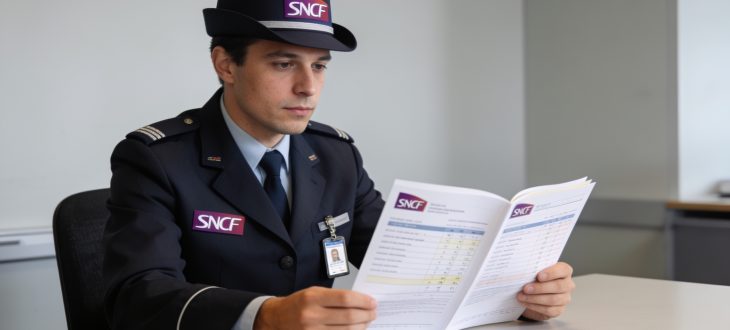 Agent SNCF en uniforme consultant documents salariaux