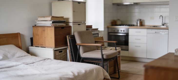 Appartement meublé avec lit, cuisine et mobilier entassés.