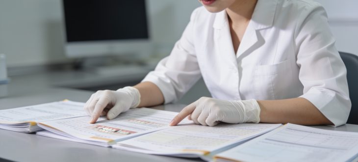 Assistante dentaire examinant des dossiers de patients au bureau