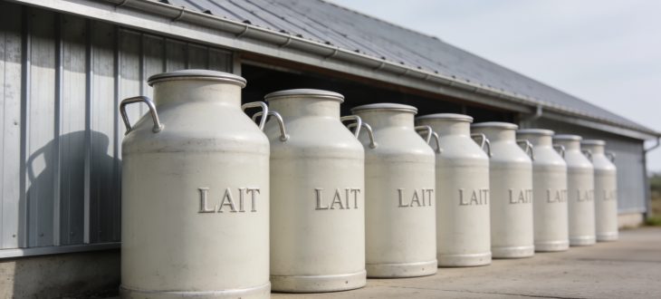 Batiment agricole avec bidons de lait alignes dehors