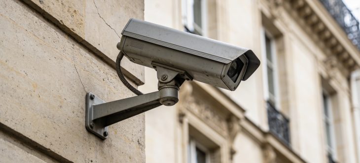 Camera de surveillance montee sur facade urbaine parisienne.