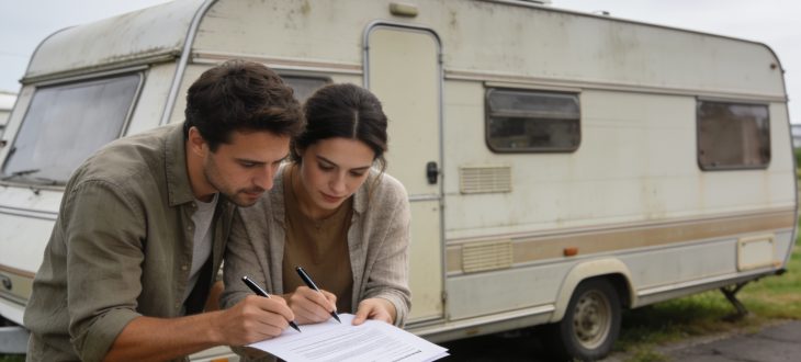 Couple examinant contrat devant caravane stationnée.