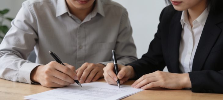 Deux personnes signant un document financier ensemble.