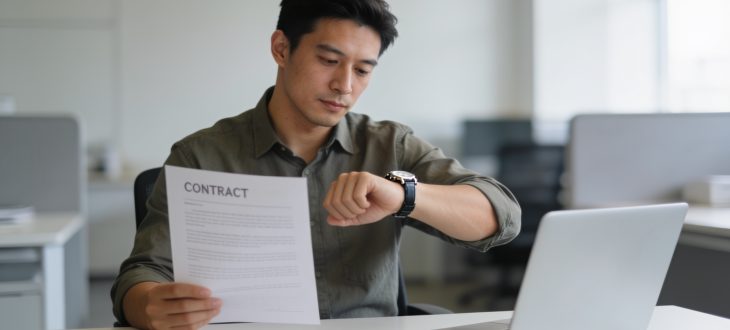 Employé assis à son bureau consultant montre contractuelle