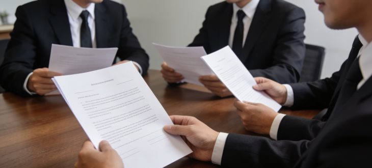 Groupe d'huissiers en costume discutant documents professionnels ensemble.