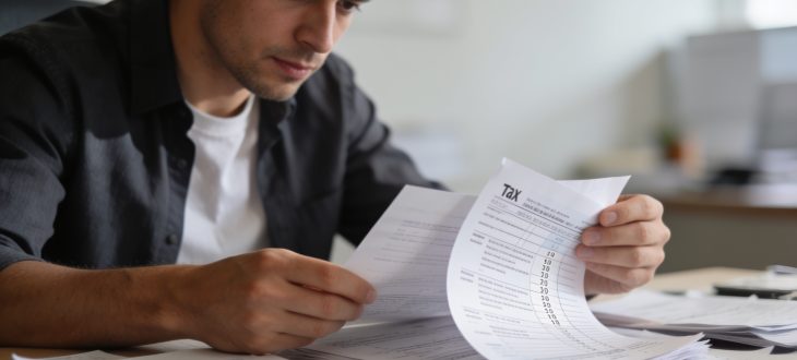 Homme consultant documents fiscaux sur bureau encombre.