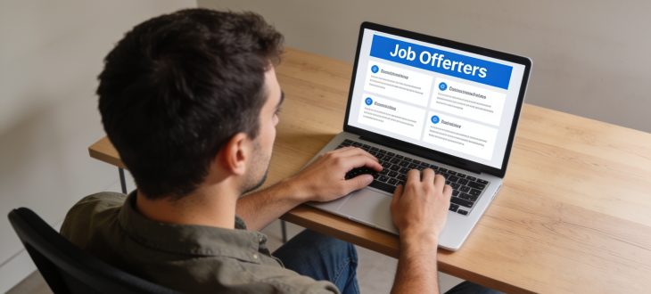 Homme assis devant ordinateur consultant offres emploi ligne