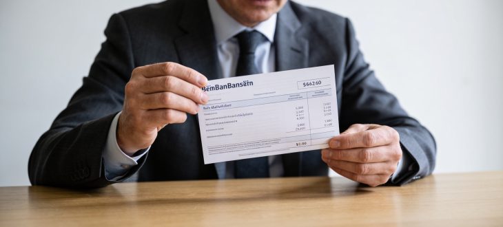 Homme en costume consultant son relevé bancaire suédois.