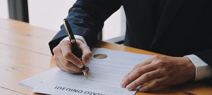 Notaire signant documents de donation avec stylo elegant