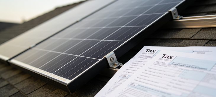 Des panneaux solaires sur un toit avec des formulaires d'impôt à côté