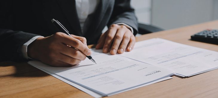 Personne signant des documents financiers à un bureau.