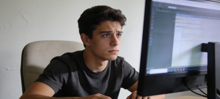 Jeune homme assis regardant écran ordinateur inquiet